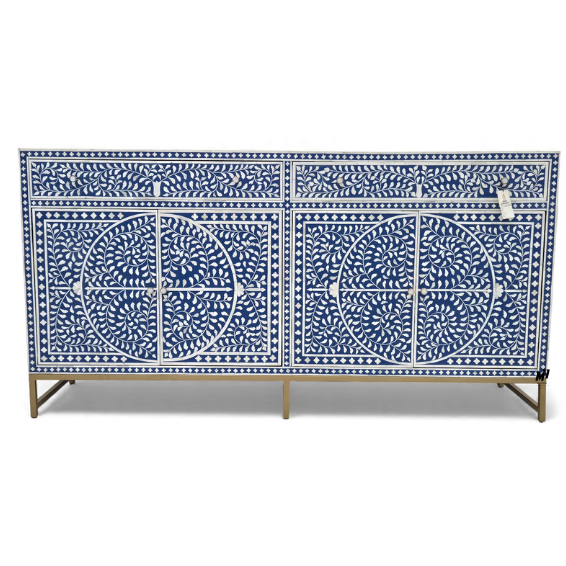 Navy Blue Bone Inlay Buffet Cabinet – 4-Door Sideboard Navy blue bone inlay buffet cabinet in floral pattern