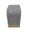 Black and white bone inlay waterfall nightstand with geometric leaf pattern and brass base Bone Inlay Bedside Table | Black Nightstand