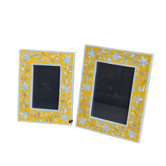 Set of two yellow mother of pearl inlay picture frames in floral pattern