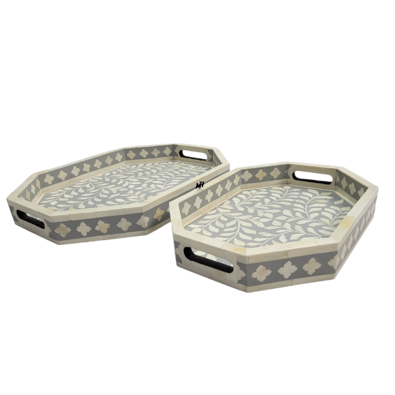 Bone inlay grey serving trays in floral pattern