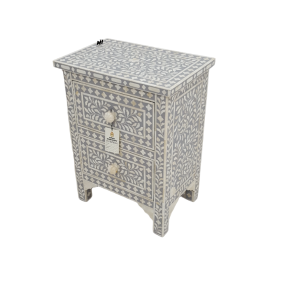 Grey bone inlay bedside table with floral pattern and two drawers Bedside Table