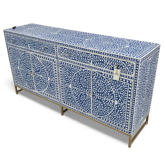 Navy Blue Bone Inlay Buffet Cabinet – 4-Door Sideboard Navy blue bone inlay buffet cabinet in floral pattern