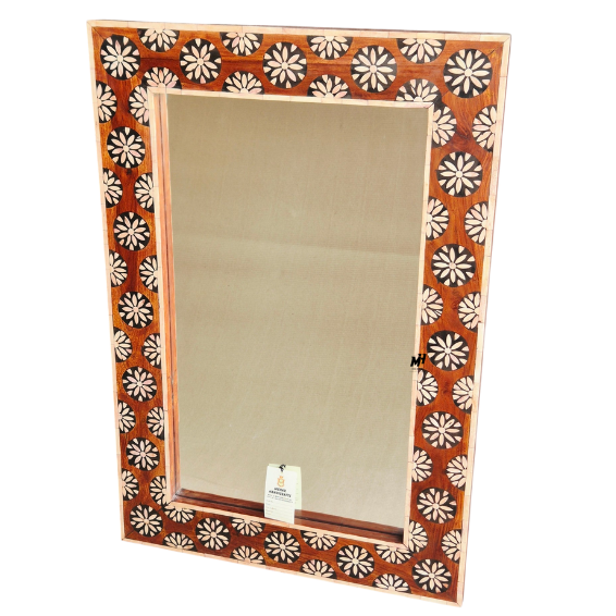 Teak Wood Bone Inlay Wall Mirror
