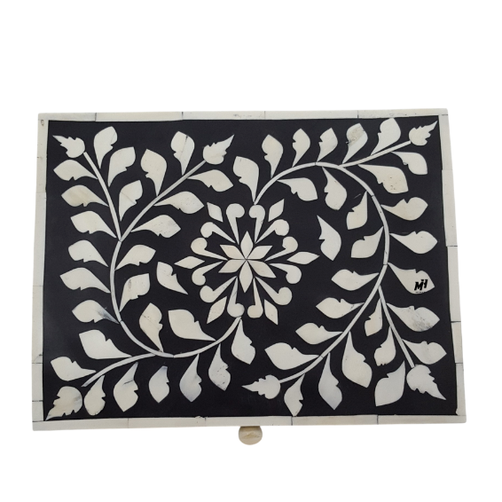 Floral-Bone-Inlay-Box-Black-White-Jewelry-Organizer Black and white floral bone inlay jewelry box with domed lid