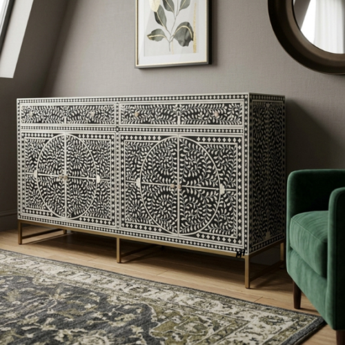 Black bone inlay buffet cabinet in floral pattern