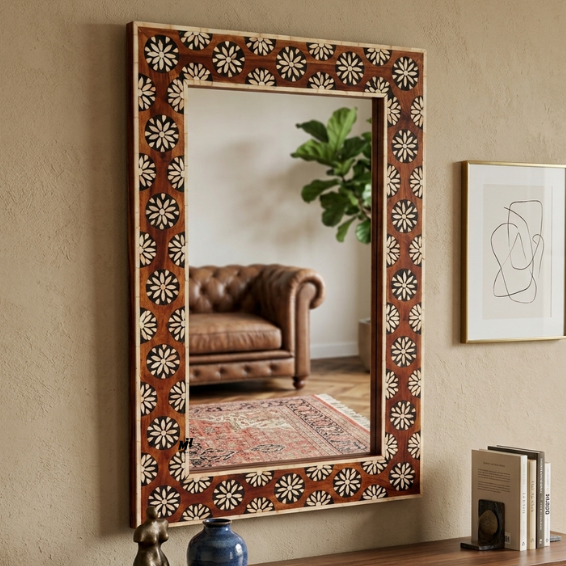 Teak Wood Bone Inlay Wall Mirror