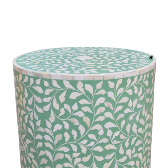 Bone Inlay Floral Round Side Table | Turquoise End Table