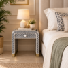Black and white bone inlay waterfall nightstand with geometric leaf pattern and brass base Black & White Bone Inlay Nightstand | Waterfall Geometric Pattern Bedside Table