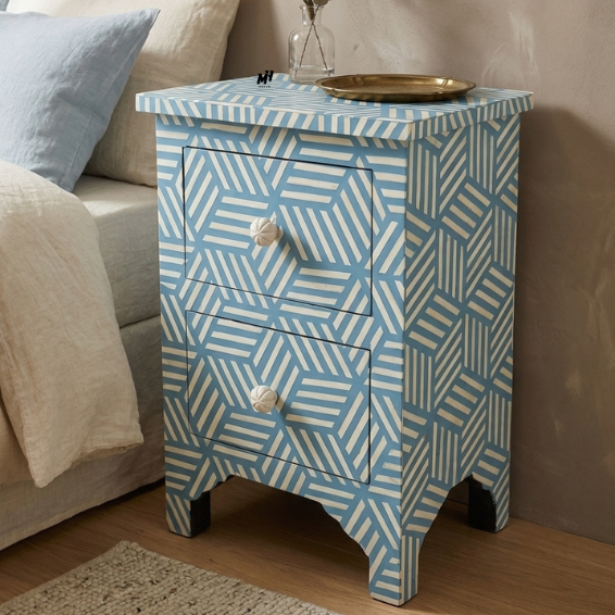 Sky blue bone inlay bedside table with two drawers