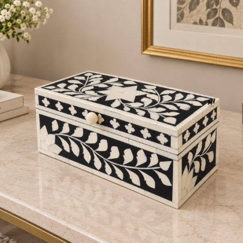Bone-Inlay-Floral-Keepsake-Box-Black-White Black and white bone inlay floral keepsake box with wooden frame
