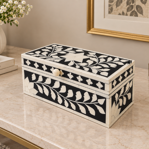 Black and white bone inlay floral keepsake box with wooden frame