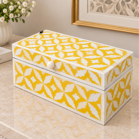 Yellow and white bone inlay keepsake box with handmade leaf pattern