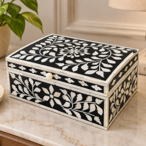 Handmade Floral Bone Inlay Box – Black & White Jewelry Organiser