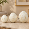 Bone-Inlay-Decorative-Eggs-Set-of-3-Carved-Swirl Set of three carved bone inlay decorative eggs in graduated sizes