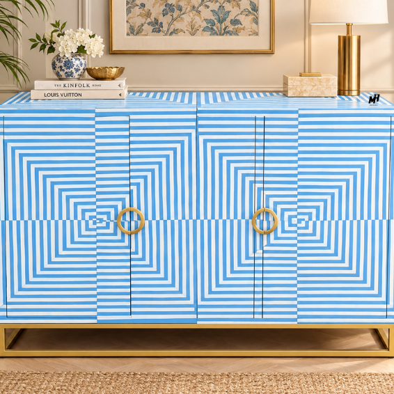 Sky blue and white bone inlay sideboard cabinet