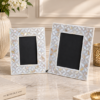 Set of two grey mother of pearl inlay photo frames in leaf pattern