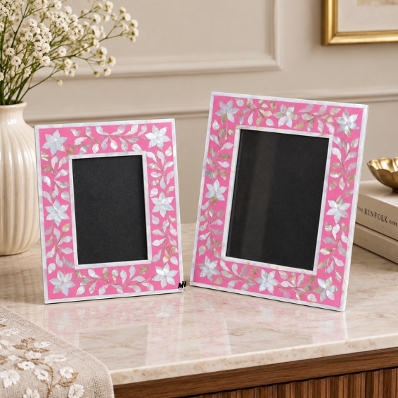 Set of two pink mother of pearl inlay photo frames