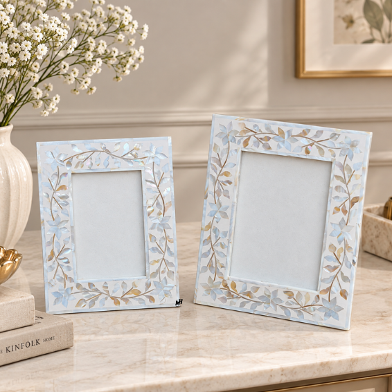 Set of two white mother of pearl inlay photo frames