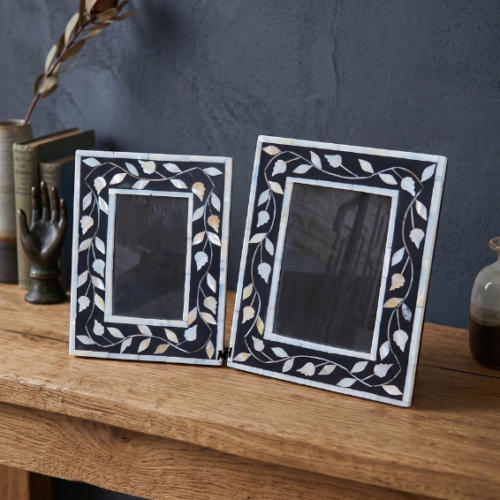 Set of two black mother of pearl inlay photo frames