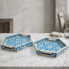 Set of 2 hexagonal bone inlay blue serving trays