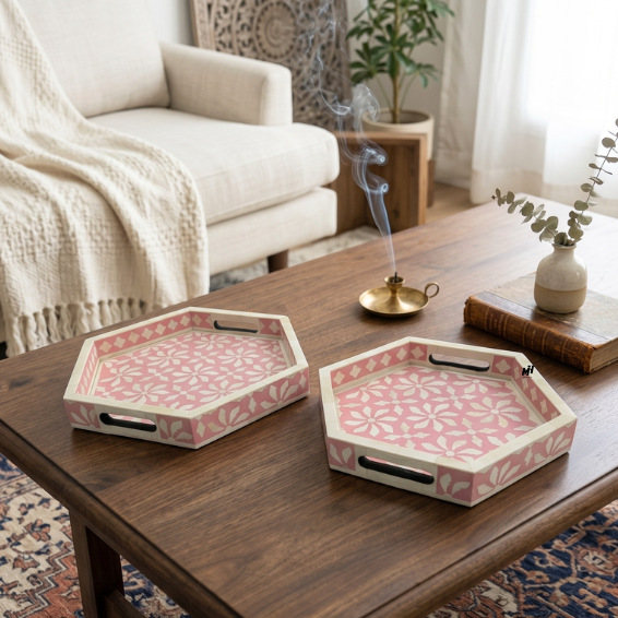 Set of 2 hexagonal pink bone inlay trays in floral pattern