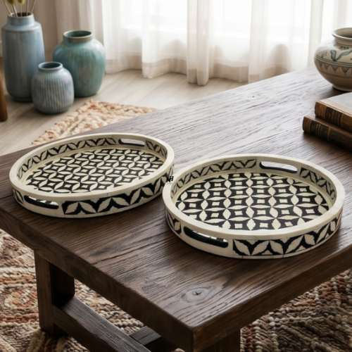 Black and White Bone Inlay Round Trays Wooden Bone Inlay Black & White Trays | Round Serving Trays