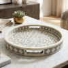 Round bone inlay grey serving trays in floral pattern