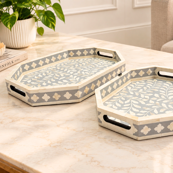 Bone inlay grey serving trays in floral pattern