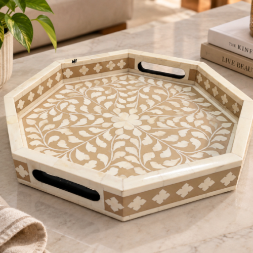 Beige Bone Inlay Floral Serving Trays Bone inlay octagonal beige floral serving trays