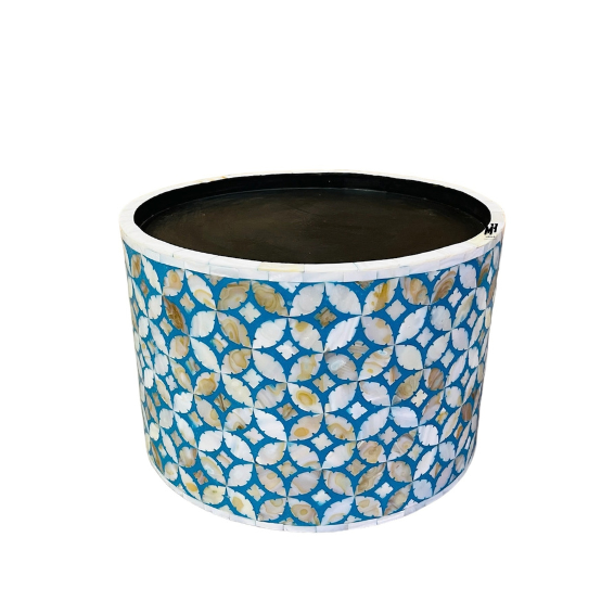 Blue mother of pearl inlay cake stand with geometric petal pattern