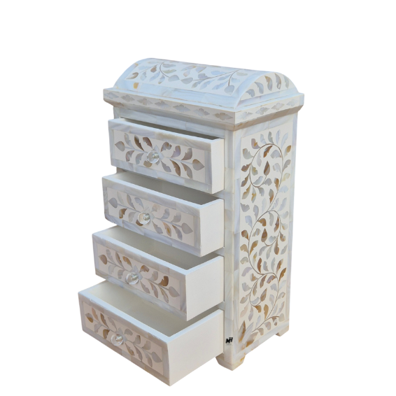 White mother of pearl inlay mini chest of drawers with domed top and four floral drawers