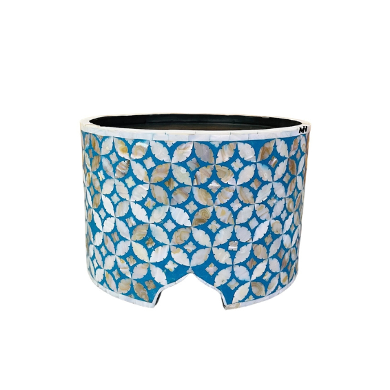 Blue mother of pearl inlay cake stand with geometric petal pattern