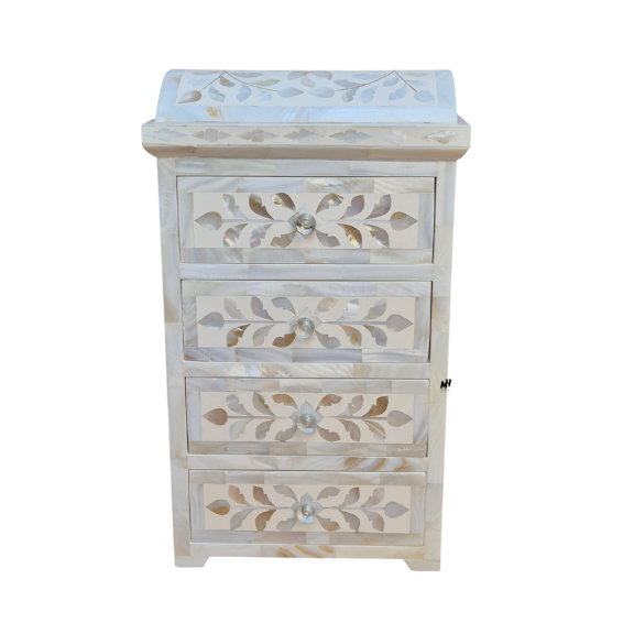 White mother of pearl inlay mini chest of drawers with domed top and four floral drawers