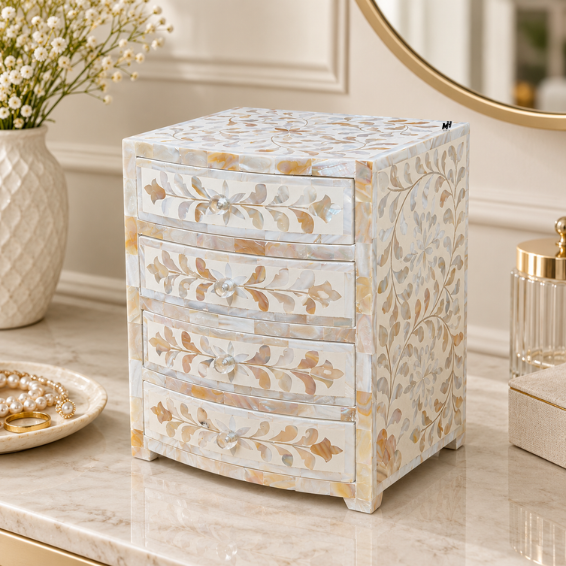 White mother of pearl inlay mini chest of drawers