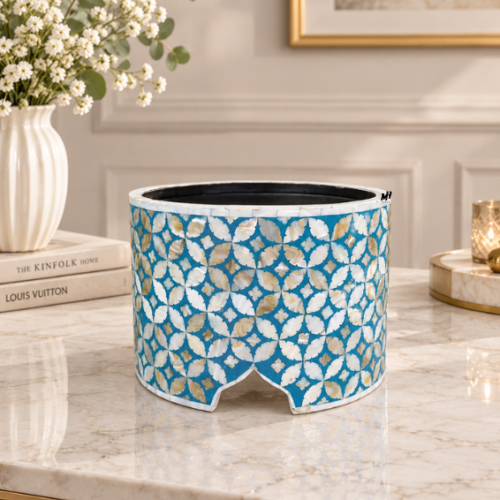 Blue mother of pearl inlay cake stand with geometric petal pattern