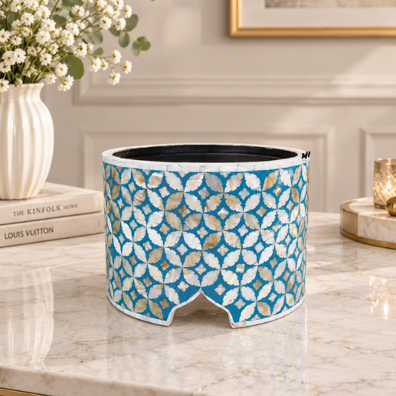 Blue mother of pearl inlay cake stand with geometric petal pattern