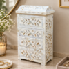 White mother of pearl inlay mini chest of drawers with domed top and four floral drawers