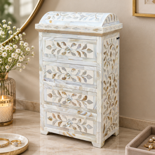 White Mother of Pearl Inlay Domed Mini Chest of Drawers White mother of pearl inlay mini chest of drawers with domed top and four floral drawers